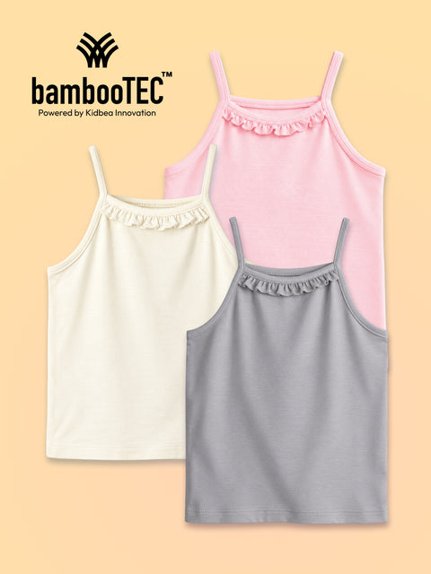 BambooTEC™ Girls Camisole Pack of 3 – Pink, Cream & Grey Ruffle Strap Tops