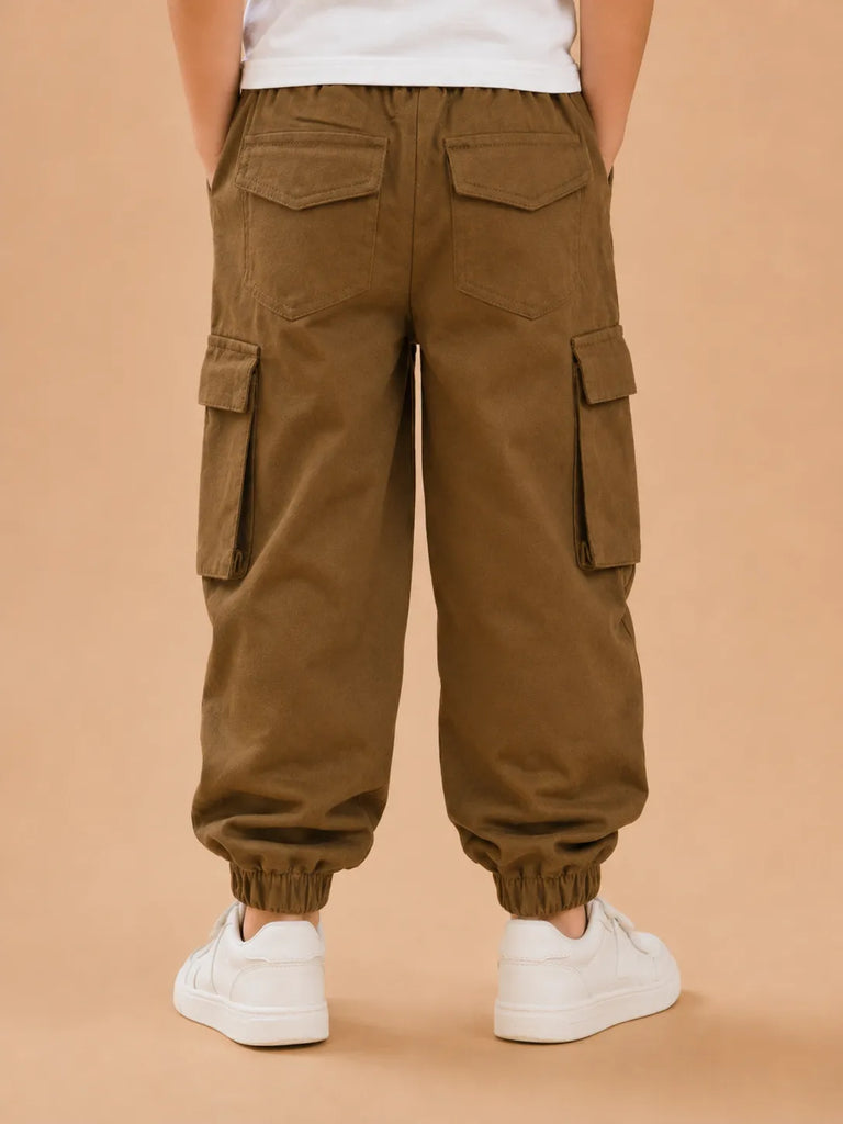 Unisex Cotton Kids Cargo Jogger Pants – Light Brown Comfortable Bottomwear