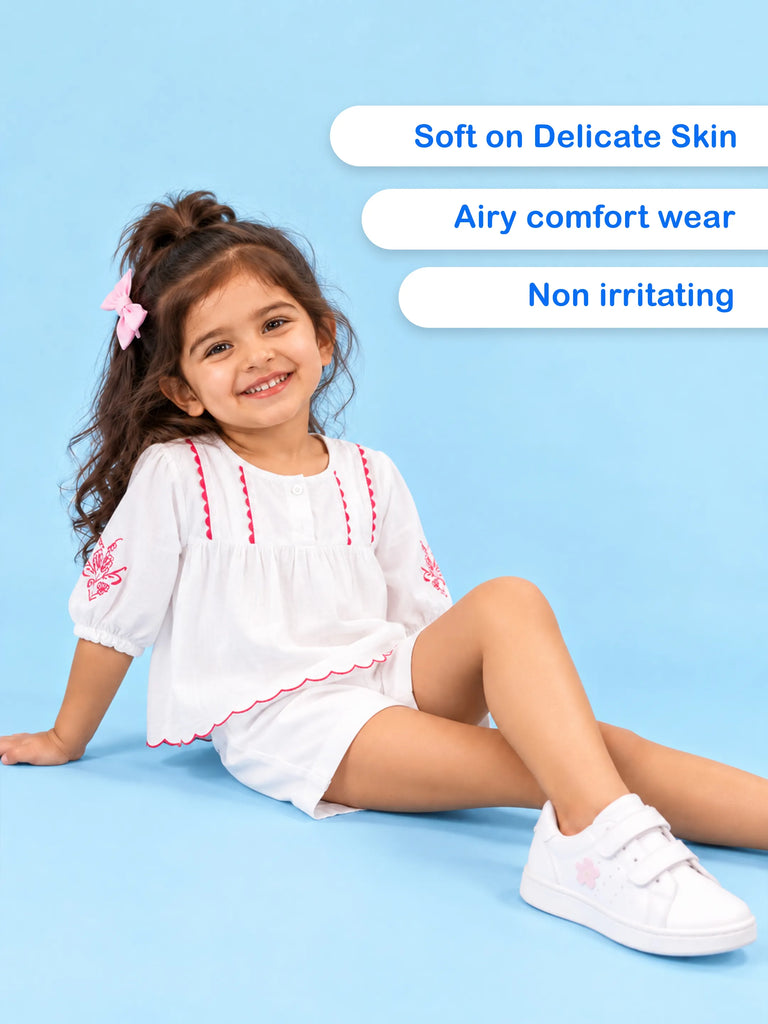 Girls Cotton Dress – White 3/4 Sleeve Dress with Red Embroidery & Scalloped Details
