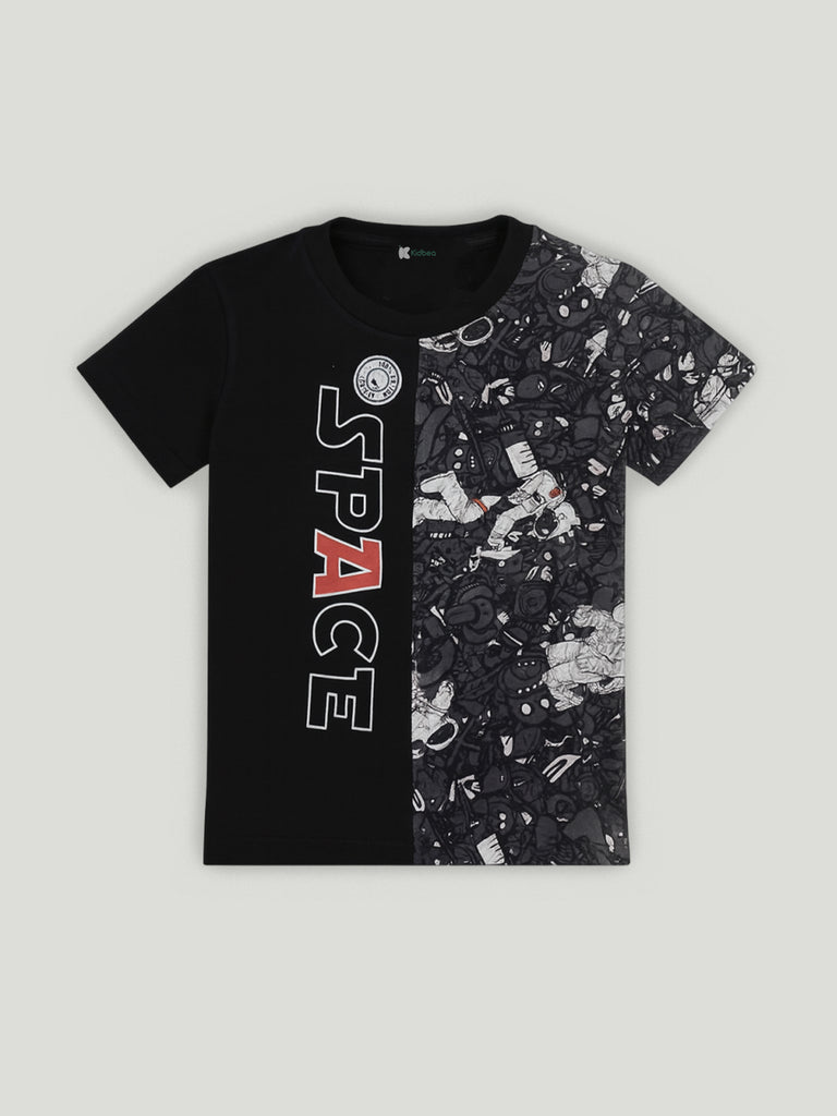Kidbea Boys Space Theme Co-Ord Set | Cotton T-Shirt and Shorts for Kids | Black