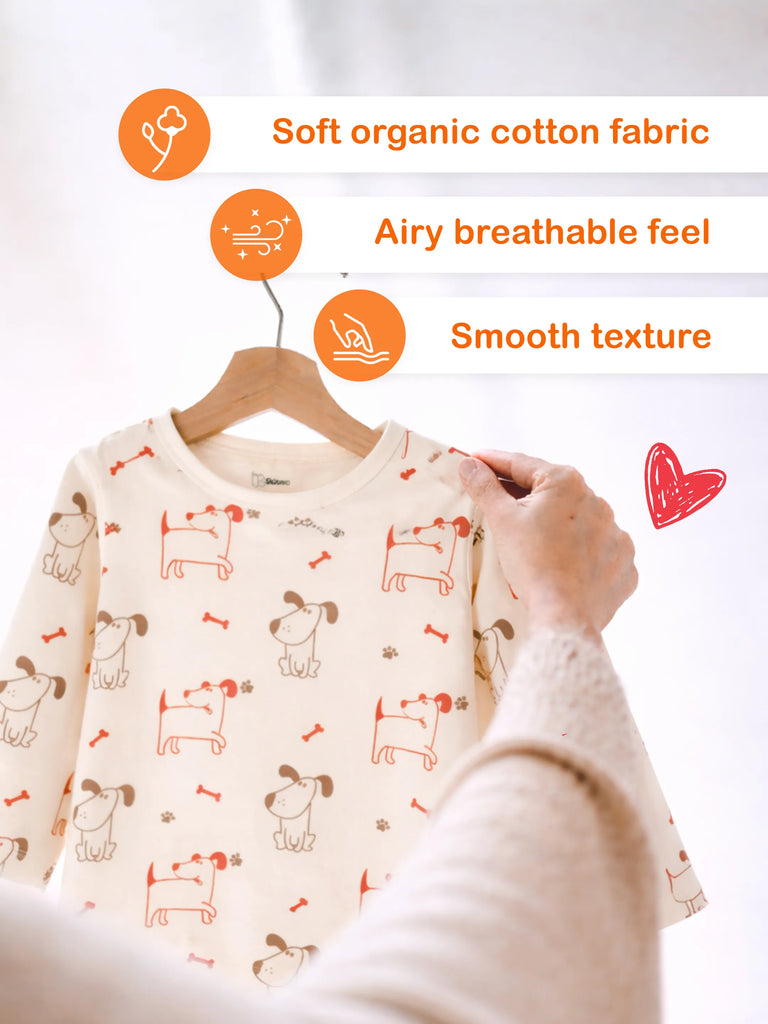 Organic Cotton Unisex Baby Co-ord Set – Soft Breathable Dog Print Full Sleeve T-shirt & Pyjama for Infants