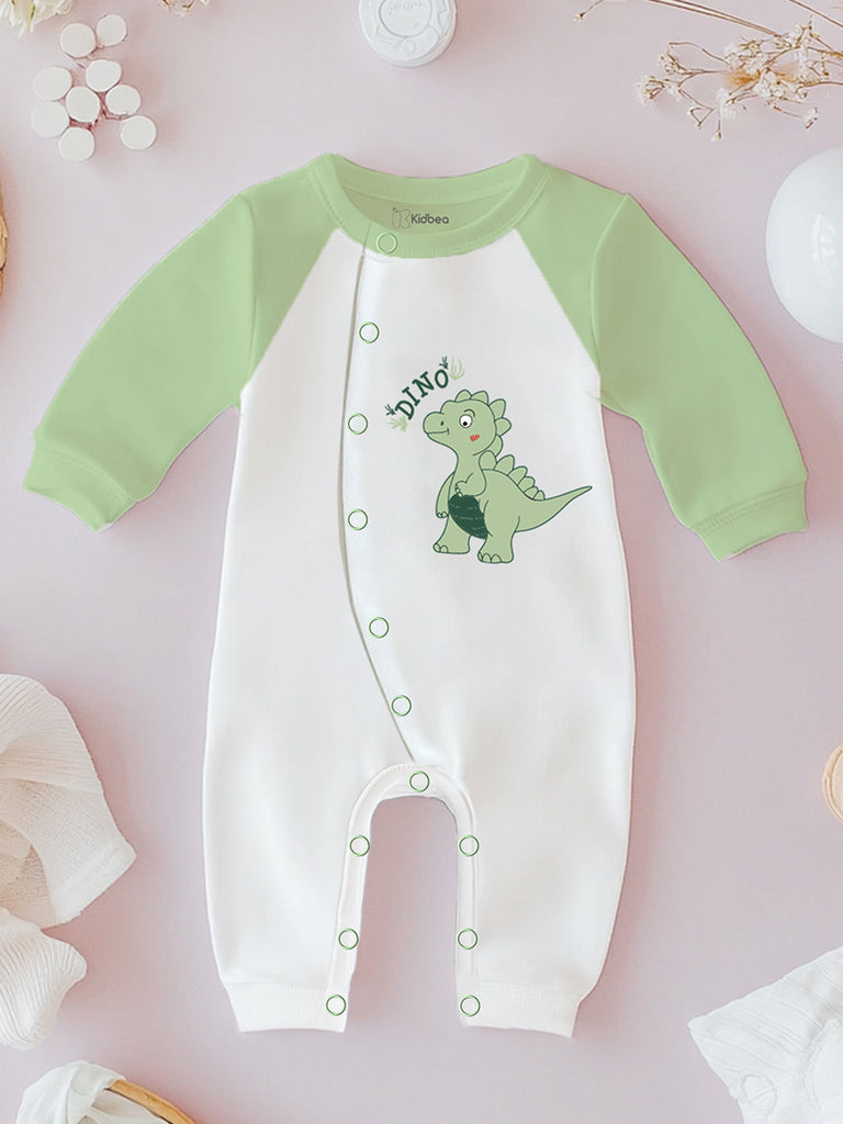 100% Organic Cotton Full Sleeves Dinosaur Printed Romper - Green