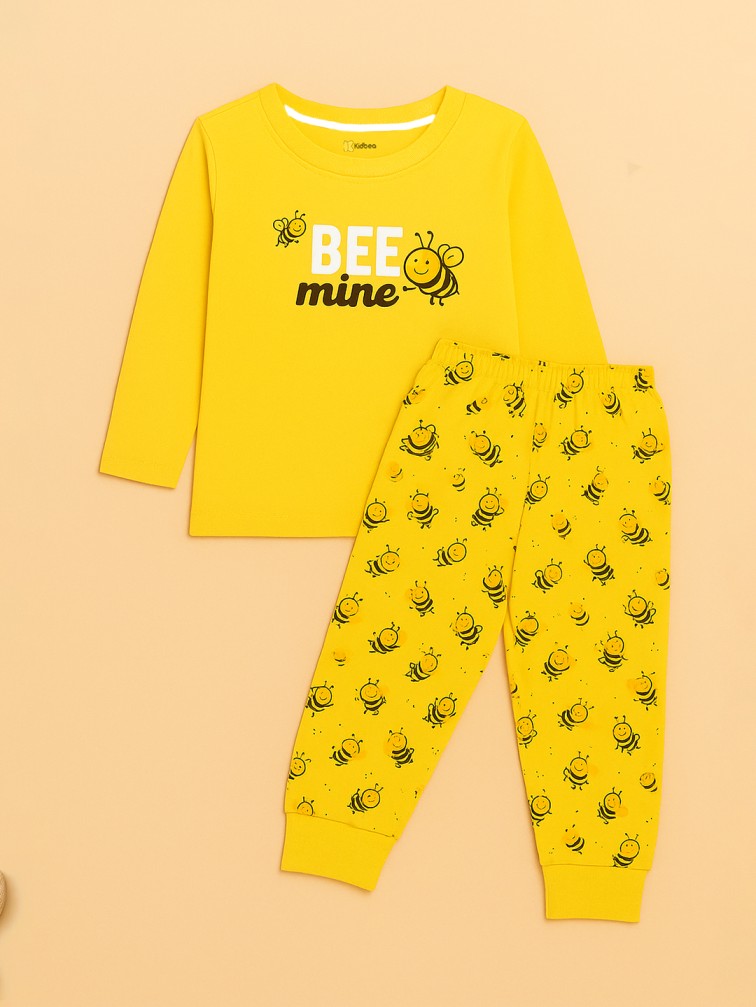 Kidbea Unisex Cotton Nightwear Set for Kids | Cute Bee Print & Full Sleeves Top | Yellow