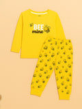 Kidbea Unisex Cotton Nightwear Set for Kids | Cute Bee Print & Full Sleeves Top | Yellow