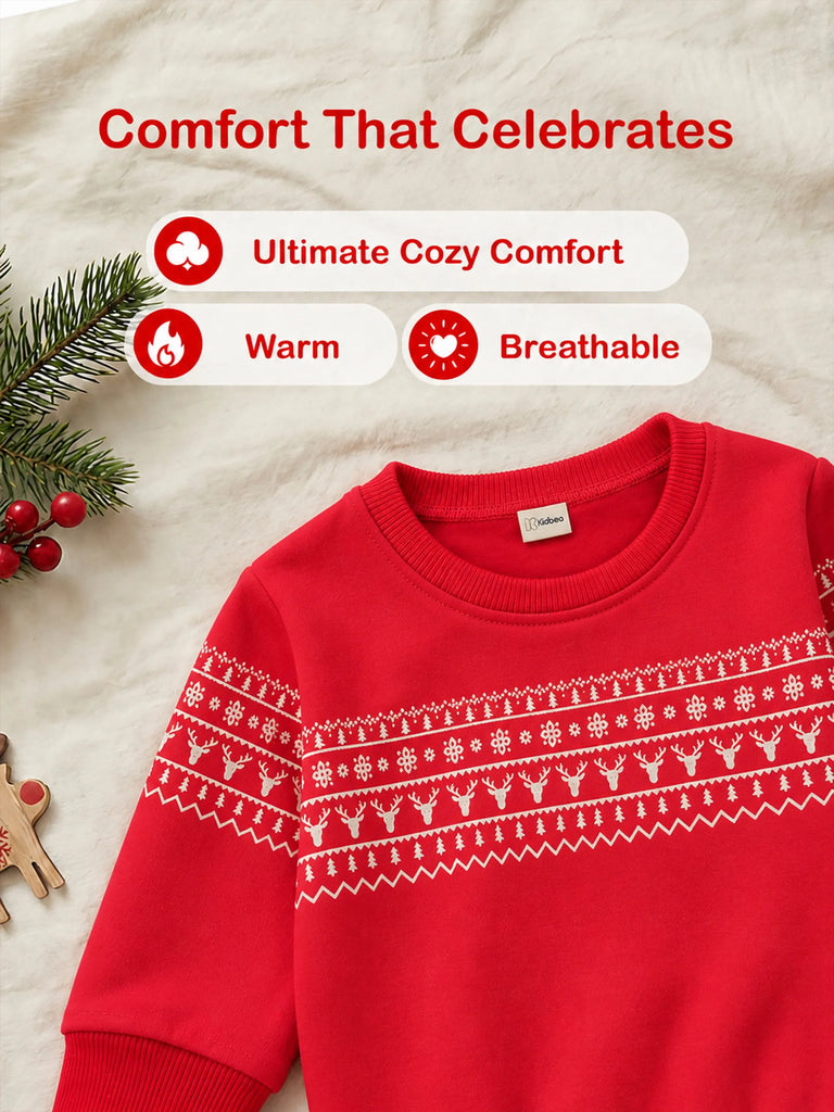Unisex Cotton Sweatshirt – Red Full-Sleeve Christmas Fair Isle Printed Pullover