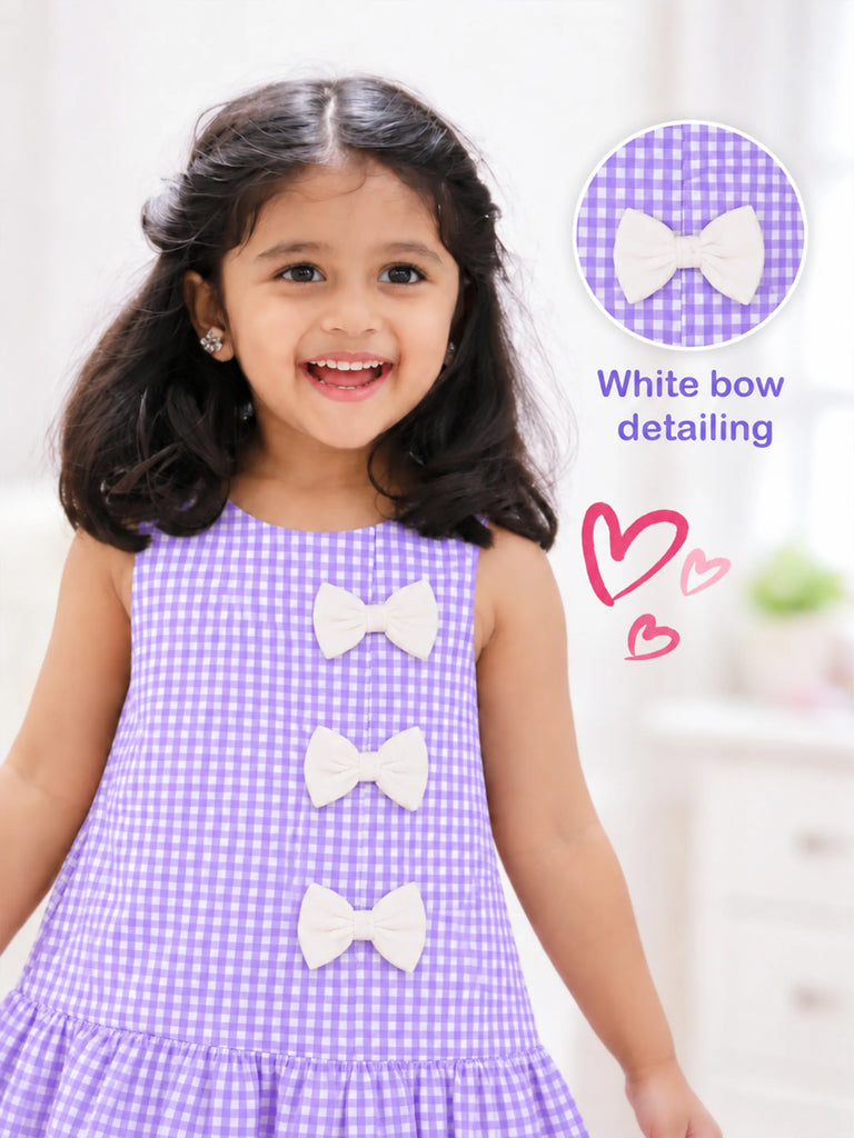 Girls Cotton Gingham Frock – Lavender Check Dress with White Bow Details