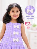 Girls Cotton Gingham Frock – Lavender Check Dress with White Bow Details