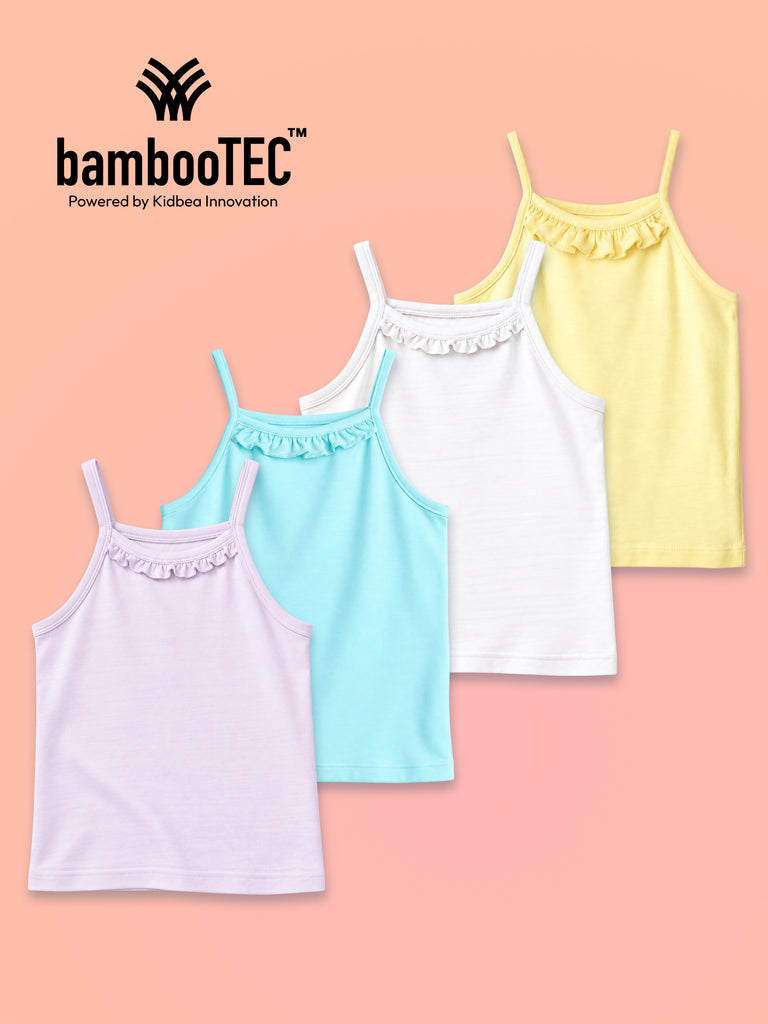 BambooTEC™ Girls Camisole Pack of 4 – Pink, Yellow, Blue & White Ruffle Tops