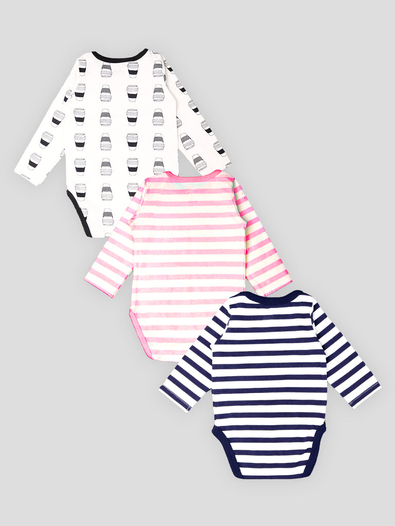 Kidbea 100% Organic cotton baby Pack of 3 onesies Unisex | Strips - Pink, Blue and Cup