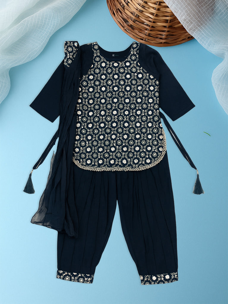 Kidbea Girls Indian Salwar Kameez Set | Embroidered Kurti, Dhoti Pants & Dupatta | Navy Blue