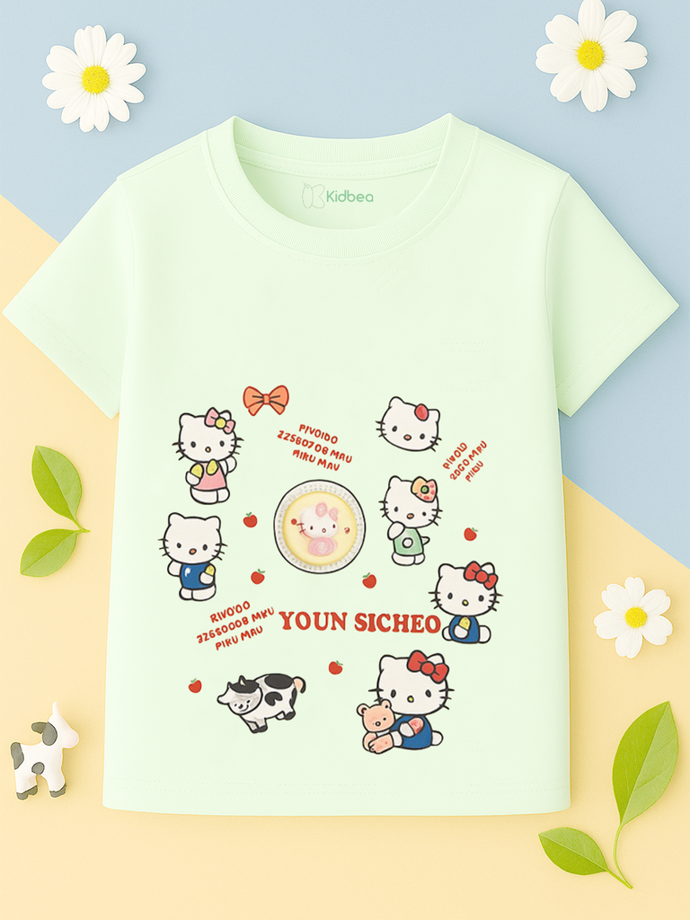 Kidbea Girls Cotton T-Shirt | Cute Hello Kitty Cartoon Print | Soft & Breathable | Casual Summer Wear for Toddlers & Kids Green