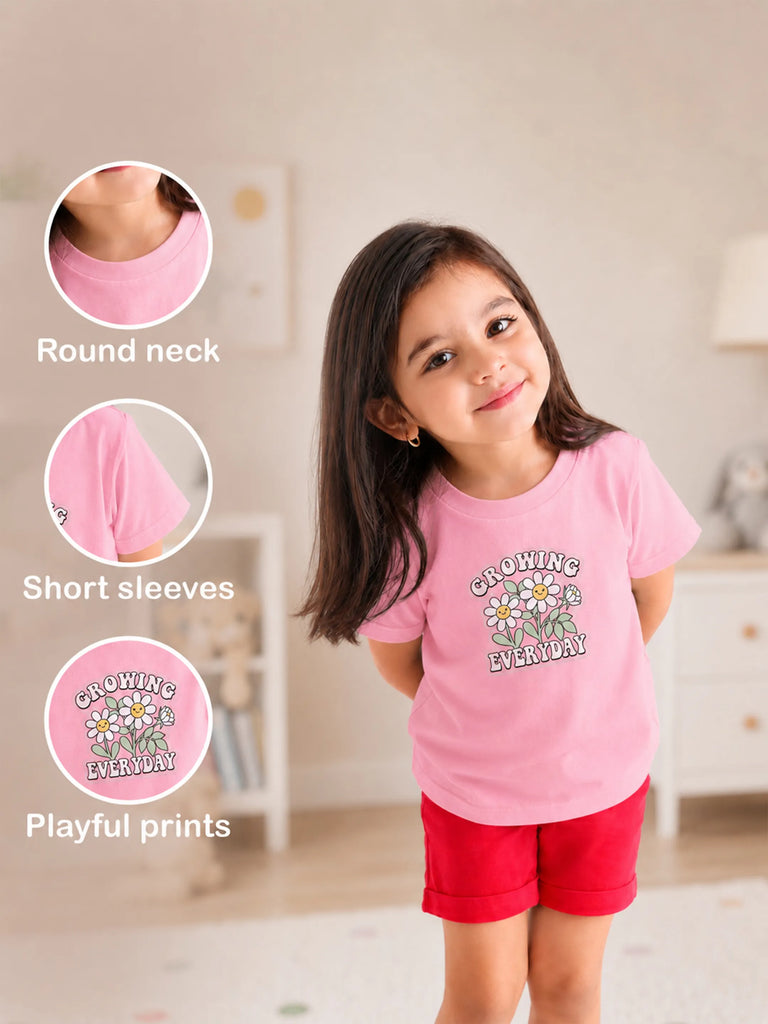 Bamboo Fabric Girls Half Sleeve T-Shirt Pack of 3 – Growing Everyday, Blossom & Cat Mood Graphic Print Soft Summer Tee Set