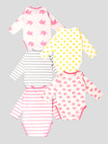 Kidbea 100% Organic cotton baby Pack of 5 onesies Unisex | Strips - Pink, Grey, Heart, Unicorn & Pretzel