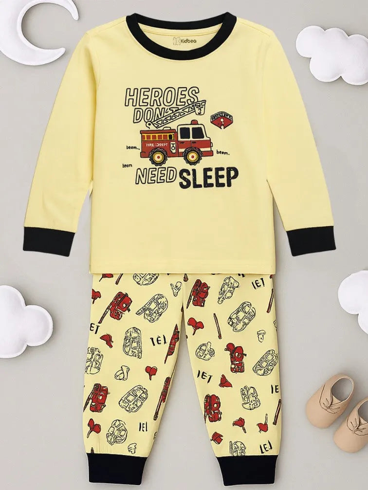 Unisex Kids Cotton Nightsuit Set | Firetruck Print | Full Sleeves Pajamas | Cream