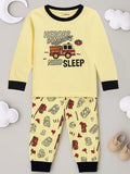Unisex Kids Cotton Nightsuit Set | Firetruck Print | Full Sleeves Pajamas | Cream