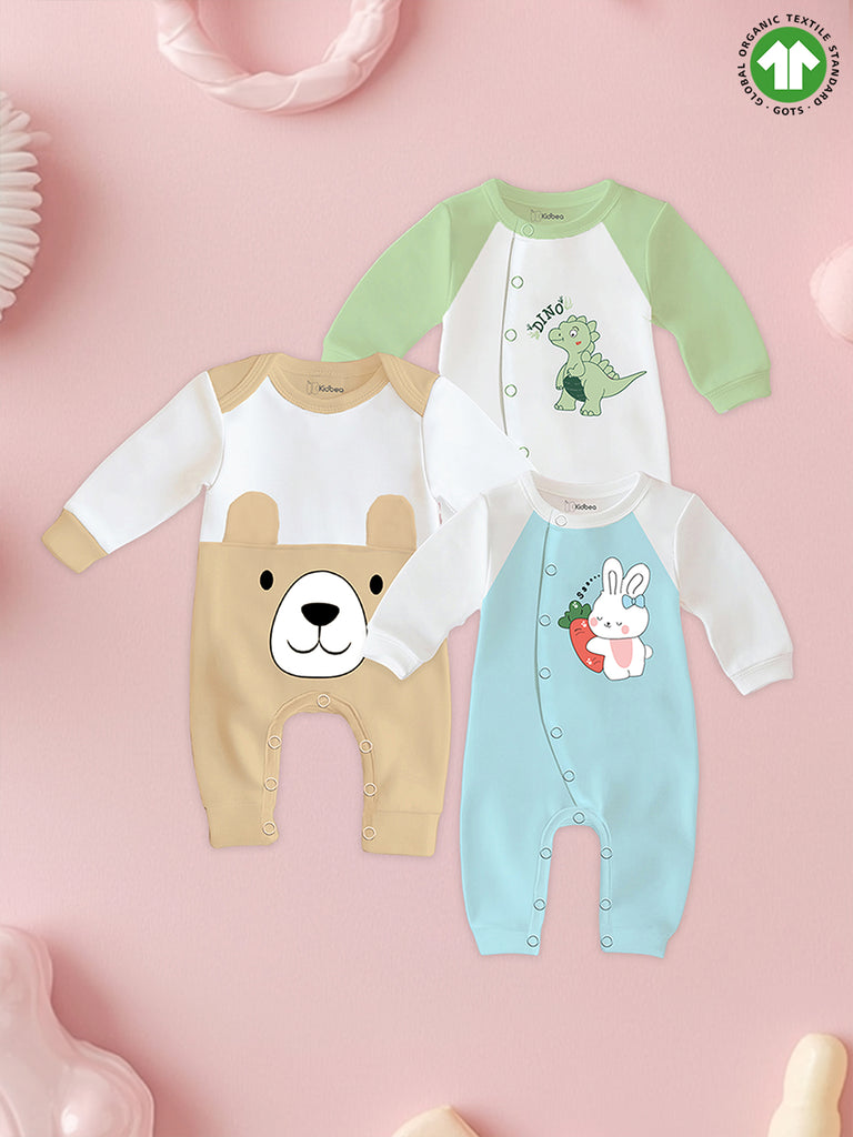 Pack of 3 Full Sleeves 100% Organic cotton Dino, Bear and Bunny Print Romper – Green, Orange & Beige