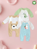 Pack of 3 Full Sleeves 100% Organic cotton Dino, Bear and Bunny Print Romper – Green, Orange & Beige