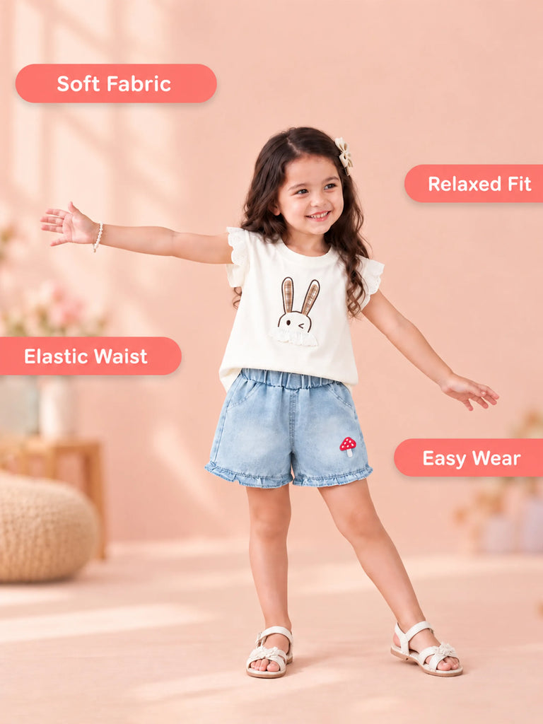Girls Cotton Co-Ord Set – Peach Bunny T-Shirt with Denim Shorts