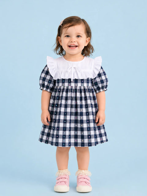 Light Organic Cotton White & Black Checkered Frill Collar Frock Dress