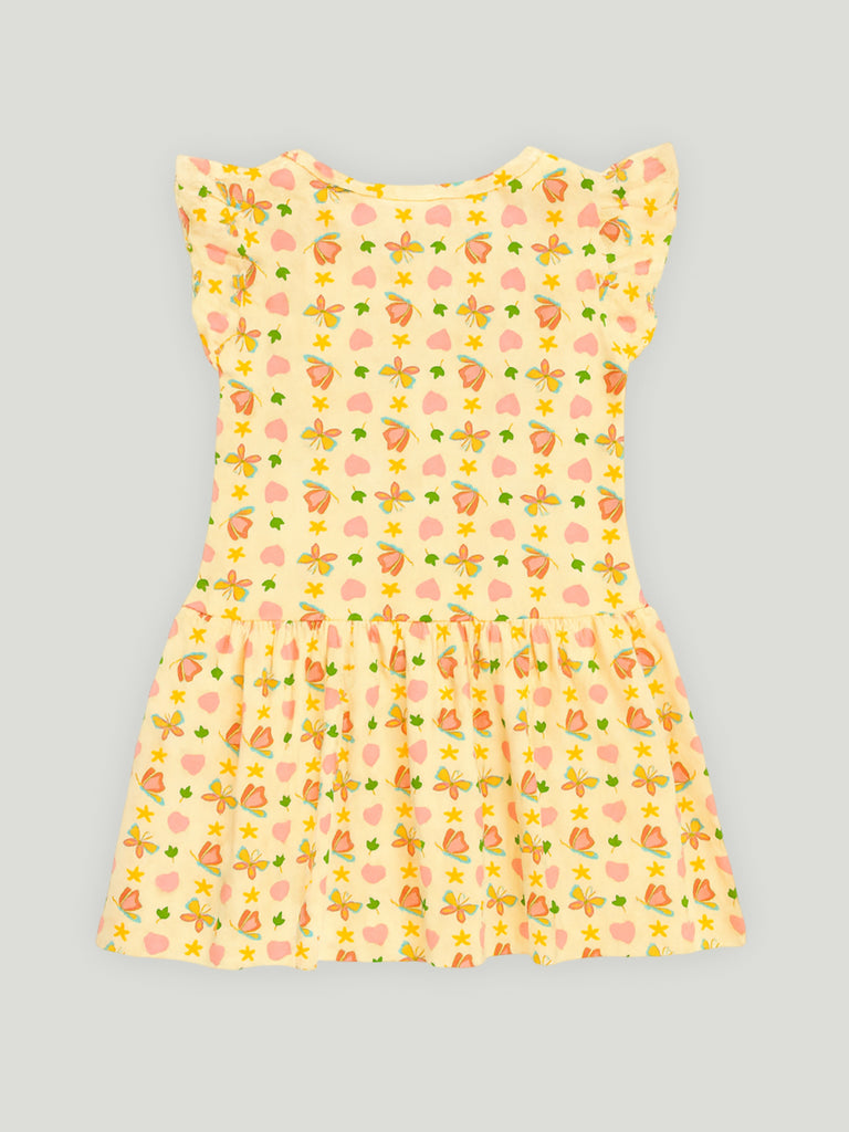 Kidbea Girls Cotton Frock | Floral & Heart Printed Summer Dress | Ruffle Sleeves | Yellow