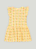 Kidbea Girls Cotton Frock | Floral & Heart Printed Summer Dress | Ruffle Sleeves | Yellow