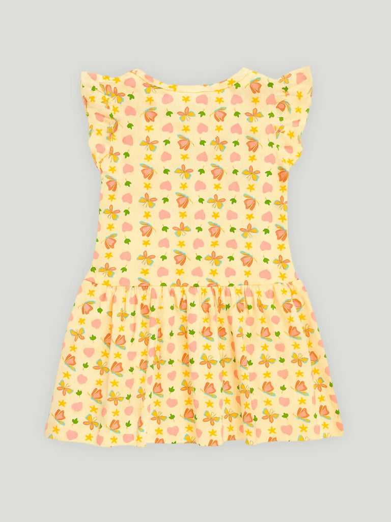 Kidbea Girls Cotton Frock | Floral & Heart Printed Summer Dress | Ruffle Sleeves | Yellow