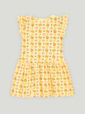 Kidbea Girls Cotton Frock | Floral & Heart Printed Summer Dress | Ruffle Sleeves | Yellow