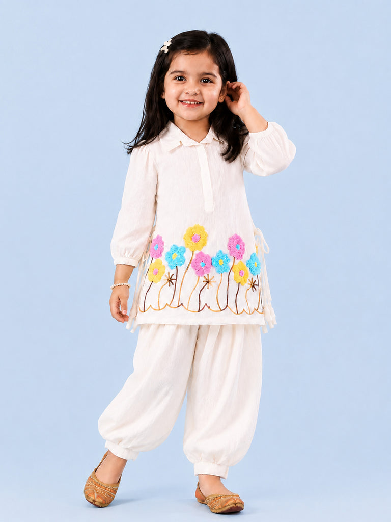 Girls White Embroidered Kurta & Dhoti Set – Colorful Floral Festive Wear