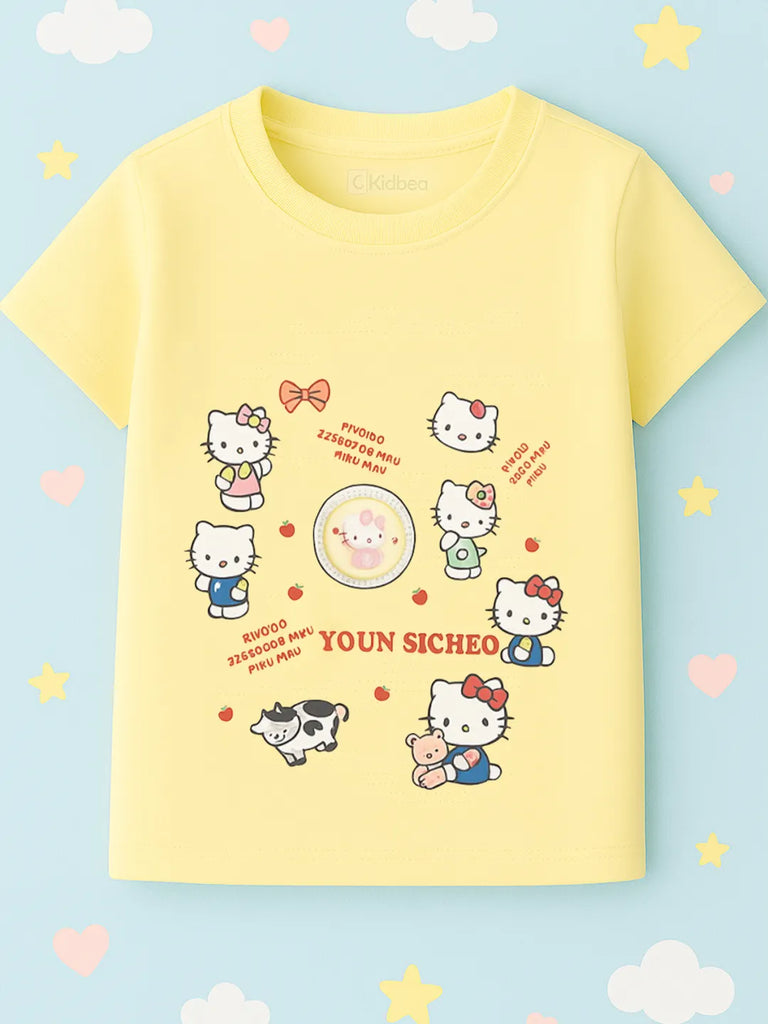 Girls Cotton T-Shirt | Cute Hello Kitty Cartoon Print | Soft & Breathable | Casual Summer Wear for Toddlers & Kids Yellow