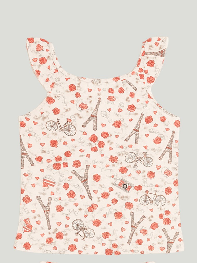 Kidbea Girls Abstract Print Clothing Set | Ruffle Sleeve Tank Top and Matching Shorts | White
