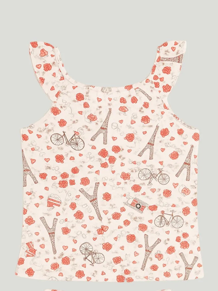 Girls Abstract Print Clothing Set | Ruffle Sleeve Tank Top and Matching Shorts | White