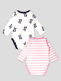 Kidbea 100% Organic cotton baby Pack of 2 onesies Unisex | Dog and Strips - Pink