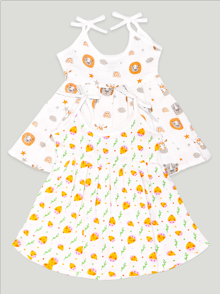 Kidbea Extra Soft Muslin Cotton Frock Cloth for Baby Girl | Tiger and Cute Chick Print Pack of 2 | Print May Vary