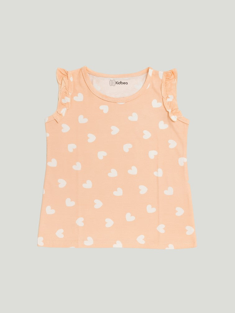 Kidbea Girls Heart Print Clothing Set | Soft Sleeveless Top with Ruffle Sleeves and Elastic Waist Shorts | Peach