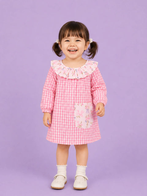 Light Organic Cotton Pink Checkered Floral Collar Frock Dress