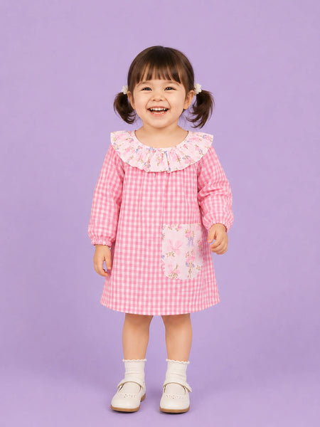 Light Organic Cotton Pink Checkered Floral Collar Frock Dress