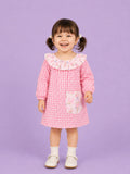 Light Organic Cotton Pink Checkered Floral Collar Frock Dress
