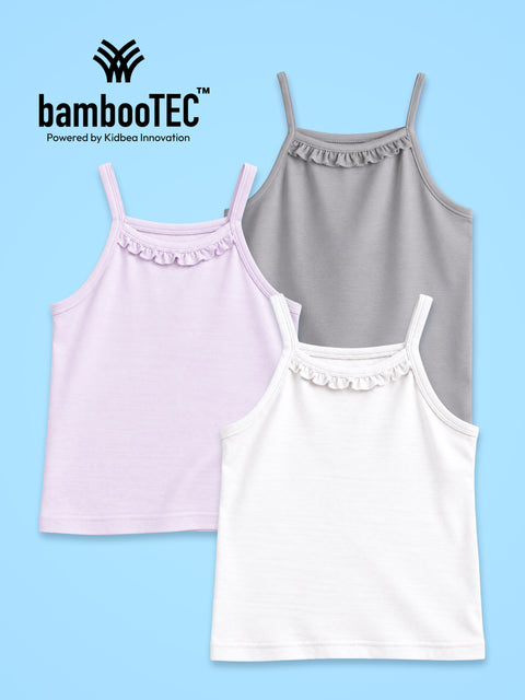 BambooTEC™ Girls Camisole Pack of 3 – Lavender, Grey & White Ruffle Strap Tops