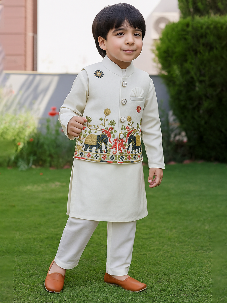 Kidbea Boys Kurta Pajama Set with Elephant Embroidered Jacket | Traditional Festive Ethnic Wear | White