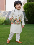 Kidbea Boys Kurta Pajama Set with Elephant Embroidered Jacket | Traditional Festive Ethnic Wear | White