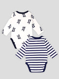 Kidbea 100% Organic cotton baby Pack of 2 onesies Unisex |Dog and Strip- Blue