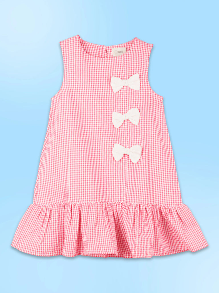 Girls Cotton Gingham Frock – Pink Check Dress with Bow Details
