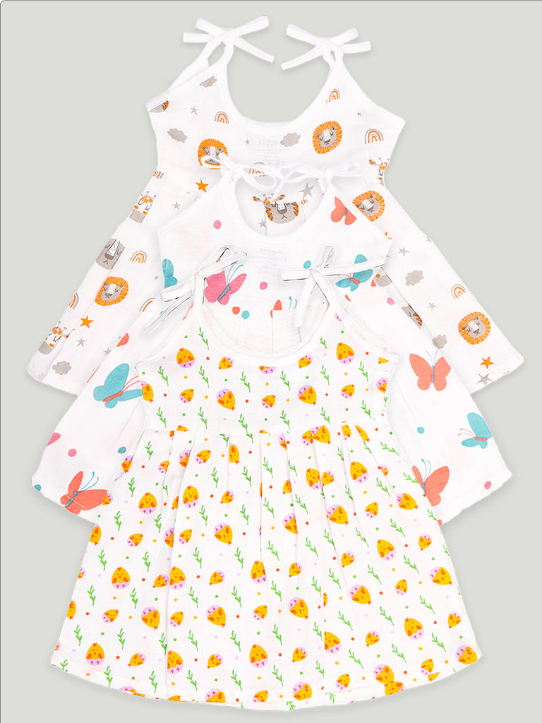 Extra Soft Muslin  Fabric Baby Girls Frock | Pack of 3 | Tiger, Cute Chick and Butterfly Print