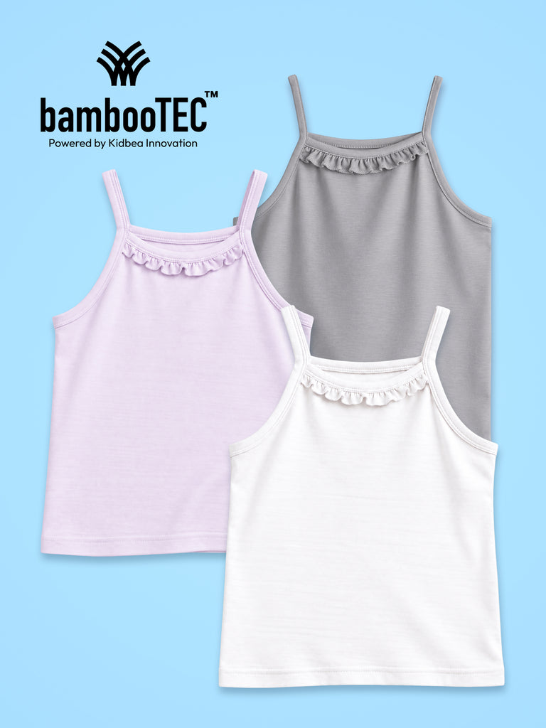 BambooTEC™ Girls Camisole Pack of 3 – Lavender, Grey & White Ruffle Strap Tops