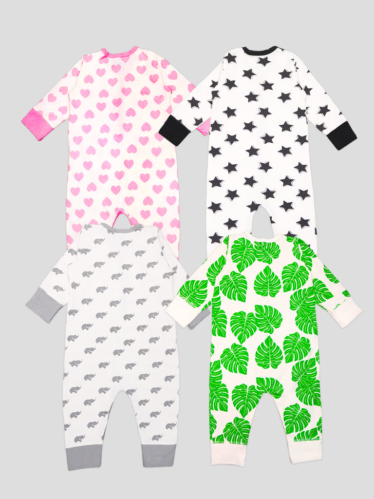 Kidbea 100% Organic Cotton Romper Bodysuit Jumpsuit Combo 4 Designs Color Heart Elephant Star Leaf Printed