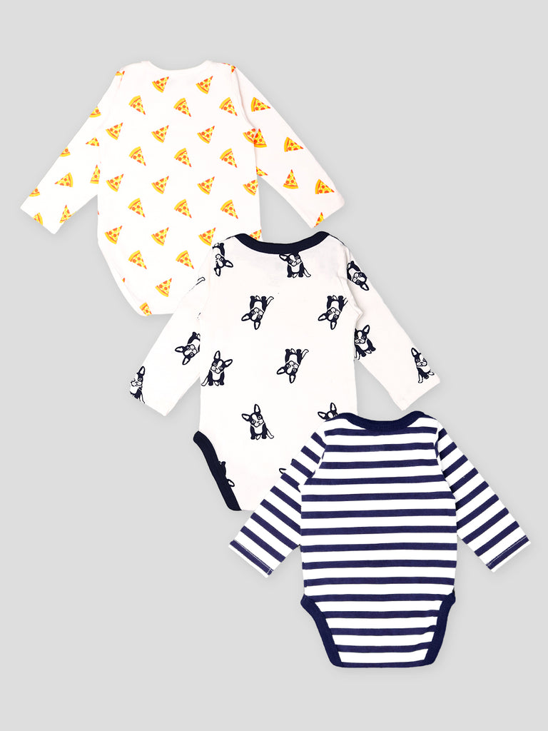 Kidbea 100% Organic cotton baby Pack of 3 onesies Unisex | Pizza, Dog and Strips - Blue