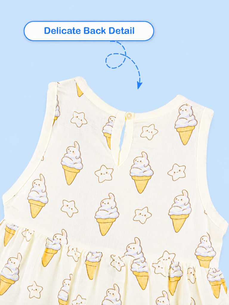 BambooTEC™ Bamboo Muslin Baby Frock – Ice Cream & Star Print, Soft & Breathable Dress