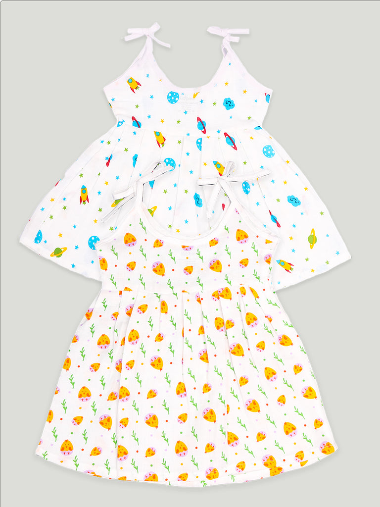 Kidbea Extra Soft Muslin Cotton Frock Cloth for Baby Girl | Space and Cute Chick Print Pack of 2 | Print May Vary