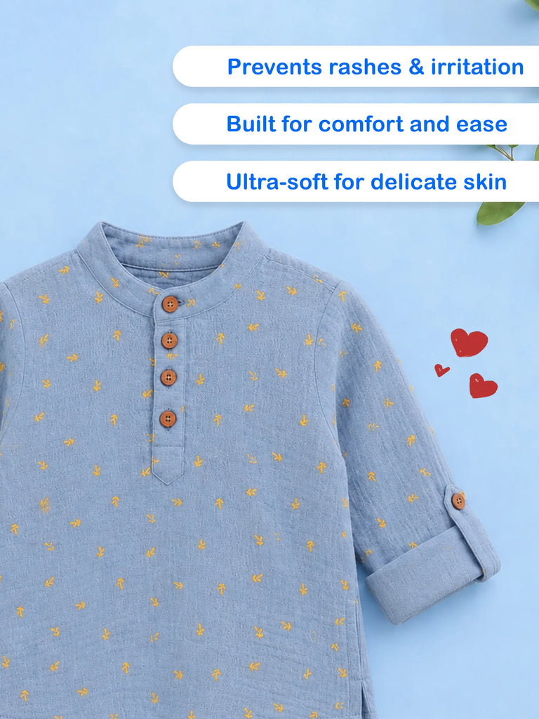 Organic Cotton Boys Mandarin Collar Full Sleeve Shirt - Sky Blue