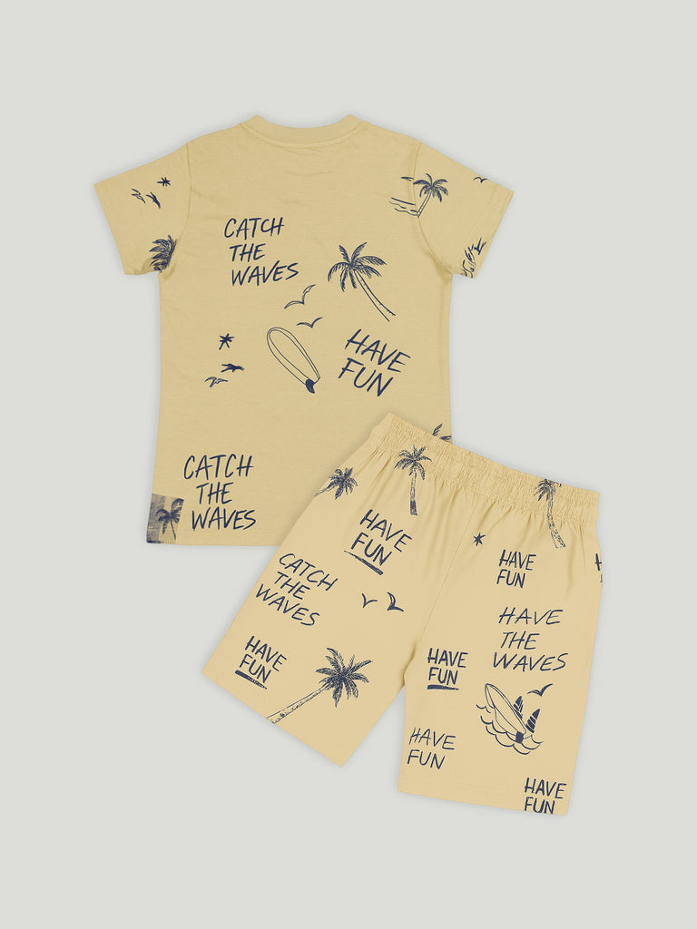 Kidbea Boys Beach Theme Co-Ord Set | Summer Cotton T-Shirt and Shorts for Boys | Beige